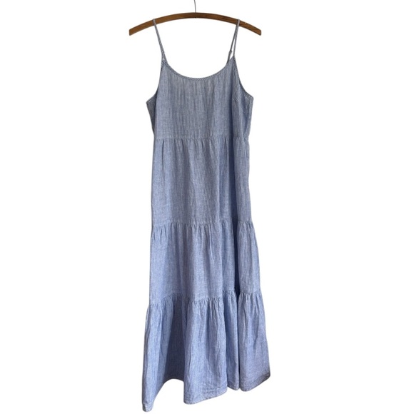 Lightweight Chambray Linen Striped Smocked Tiered Dress Size Large - Picture 1 of 8